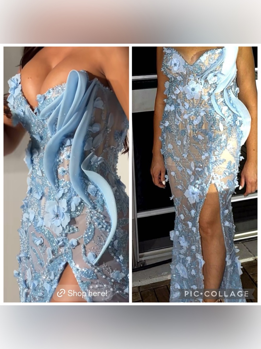Strapless Light Blue Floral Appliqué Evening Gown